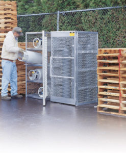 Cylinder locker for safe storage of up to 10 vertical Compressed Gas cylinders.