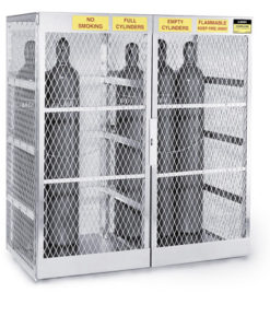 Cylinder locker for safe storage of up to 20 vertical Compressed Gas cylinders.