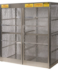 Cylinder locker for safe storage of 16 vertical 20 or 33-lb. LPG cylinders.