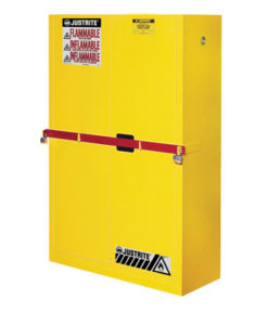 High Security Flammables Safety Cabinet w/steel bar, Cap. 45 gals., 2 shelves, 2 s/c doors